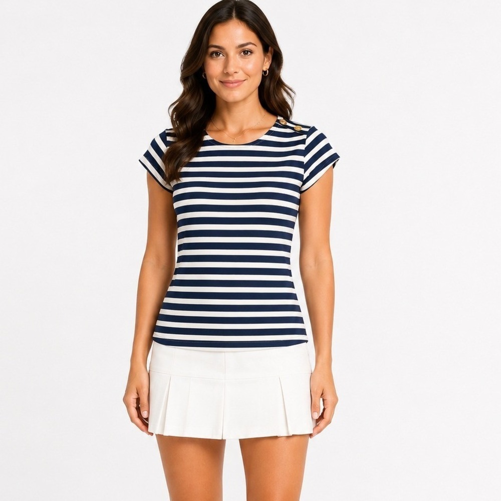L'Oeuf Poché Striped Print Short‎ Sleeve Round Neck Casual Stretch Shirt Size XS